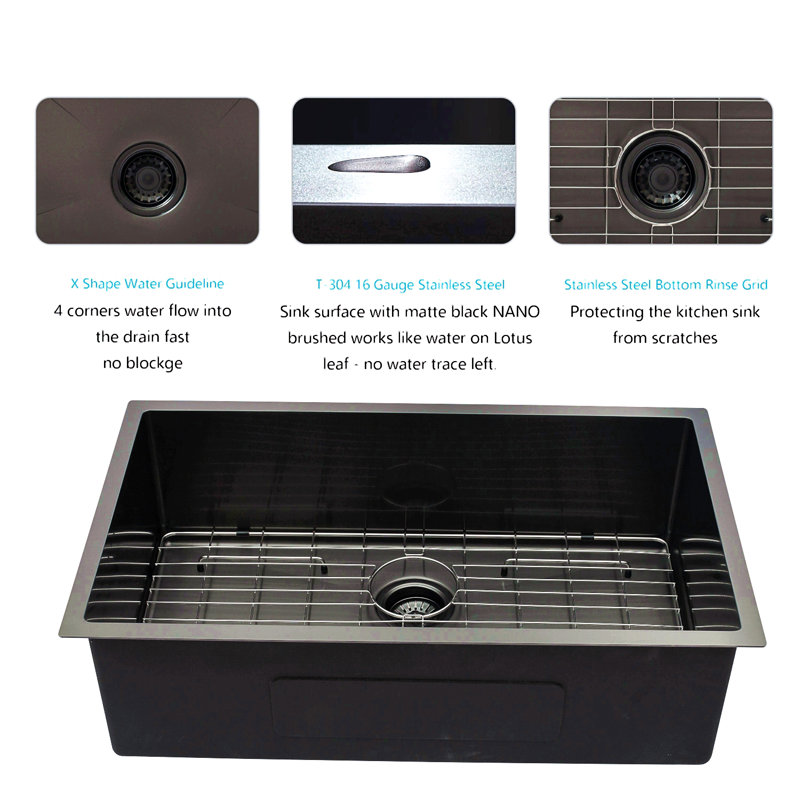 Gunmetal Black Kitchen Sink - Undermount Singel Bowl Kitchen Basin 16 Gauge Stainless Steel With 10 Inch Deep