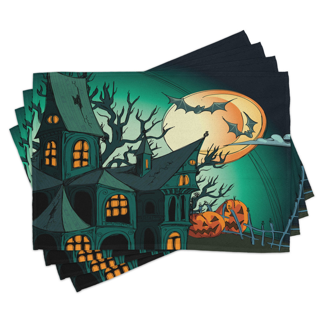 Platzdeckchen 4er Set, Halloween Haunted Castle, Orange Teal