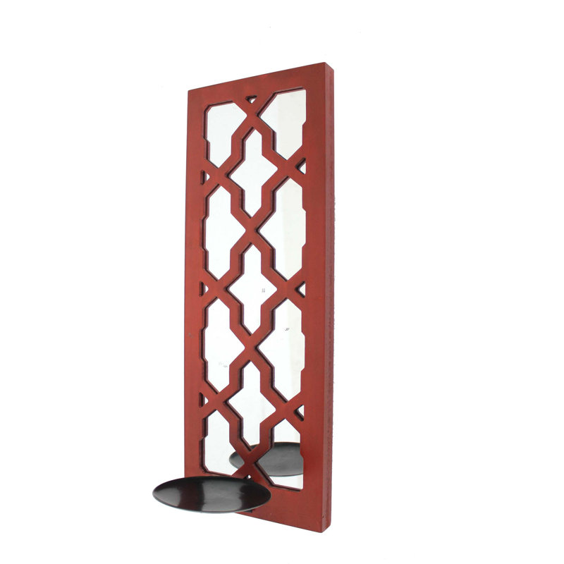 Porte-bougie en bois à motif quadrilobe avec insert de miroir, rouge