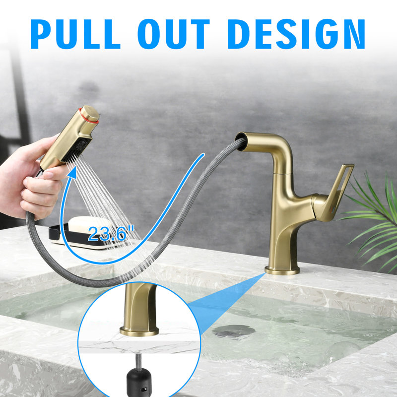 Single Hole, Deck - Mounted Faucet, Brushed Gold Finish, Retractable Hose, One Touch Rinse, 500000 Cycle Tested Ceramic Core Dual Spray, Splash Reducing Feature