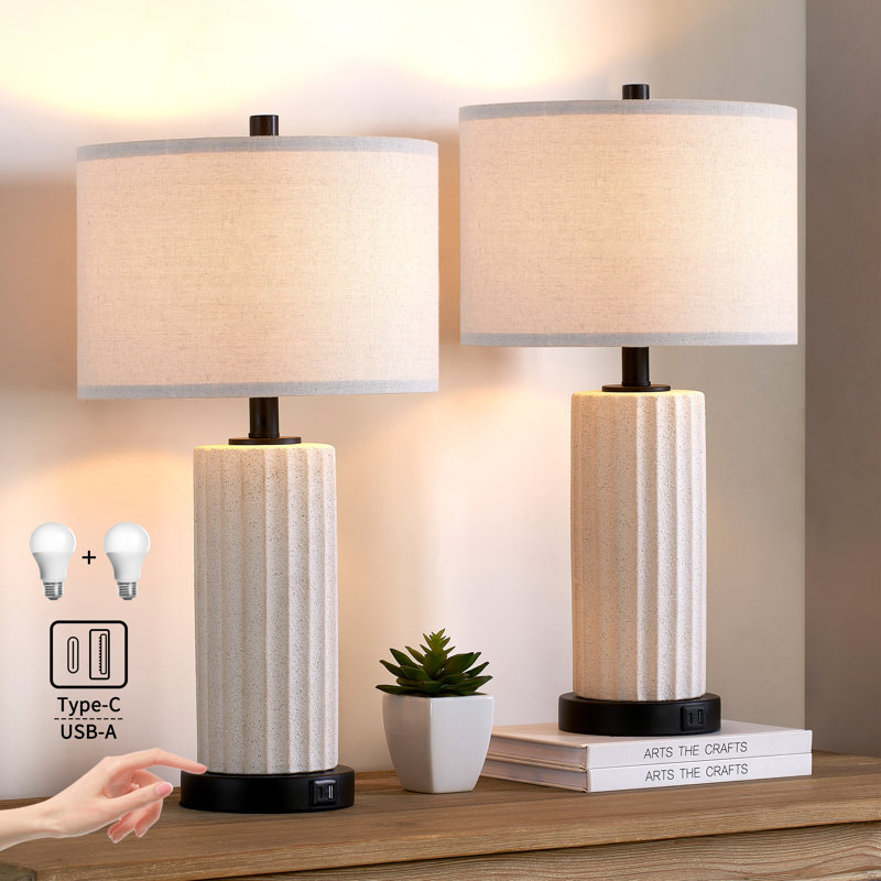 23" Ceramics Dimmable Table Lamp Set with Touch Control, USB Ports and Bulbs