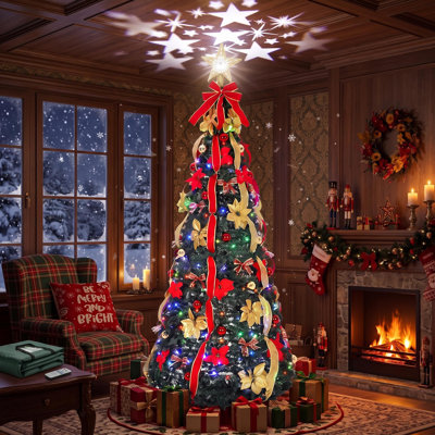 Sapin de Noël pliable de 2,13 m avec projecteur d'étoiles et 200 lumières DEL, télécommande et application de contrôle