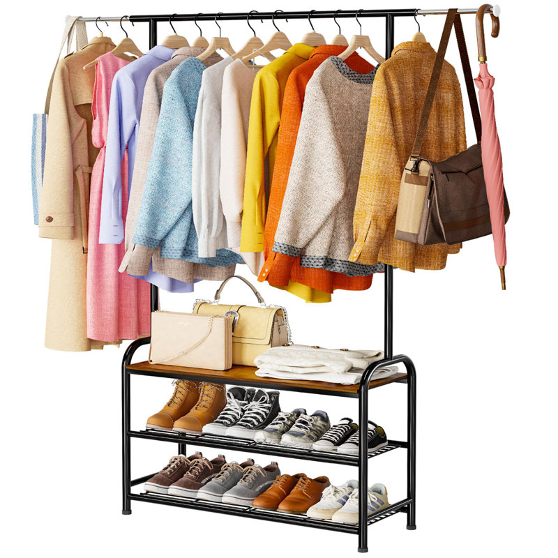 Extendable Rod Clothing Rack with Shoe Bench Rack, Freestanding Garment Coat Rack
