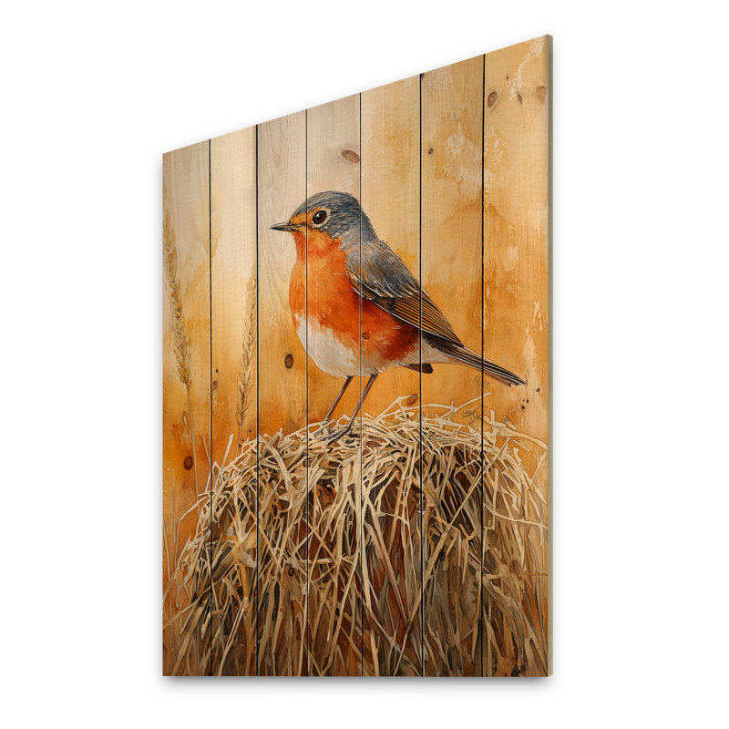 Oiseau de merle sur la balle de foin II - Art mural en bois d'oiseau - sur bois de pin naturel, H 20 po x l 10 po x P 0,78 po