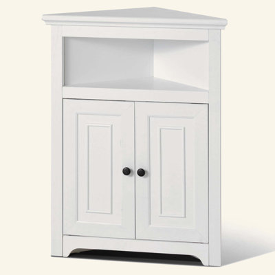 Meuble de rangement en coin, petite armoire de rangement à 3 niveaux avec 2 portes en bois et étagères réglables, meuble de coin autoportant pour salon, cuisine, buanderie, salle de bain
