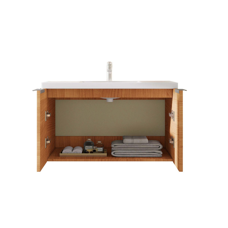 Meuble-lavabo flottant avec portes à fermeture en douceur et lavabo en céramique, Chêne