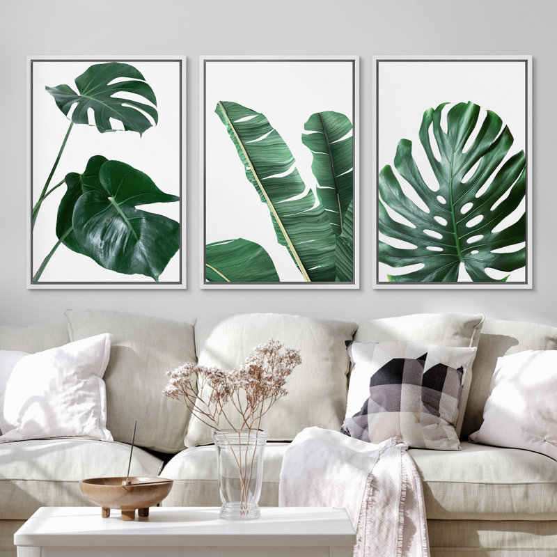 Minimal Botanical Vibrant Green Monstera and Banana Leaf Trio Botanical, H 36 po x l 72 po, Impression encadrée, Blanc