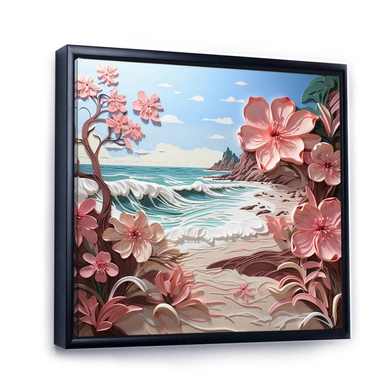 Pink Beachside Bloom Papercut II - Nautical & Beach Canvas Prints, Cadre flottant noir, H 16 po x l 16 po x P 1 po