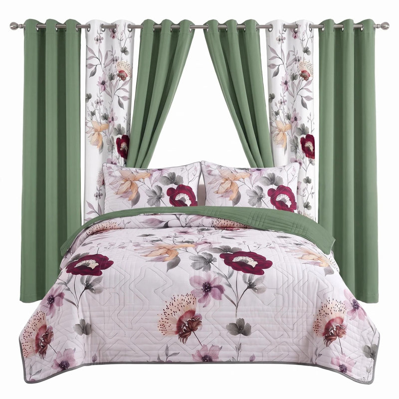 9-Piece Sage Green Floral Microfiber Bedspread & Curtain Set with 2 Shams and 6 Light-Filtering Grommet Panels, Sage Floral
