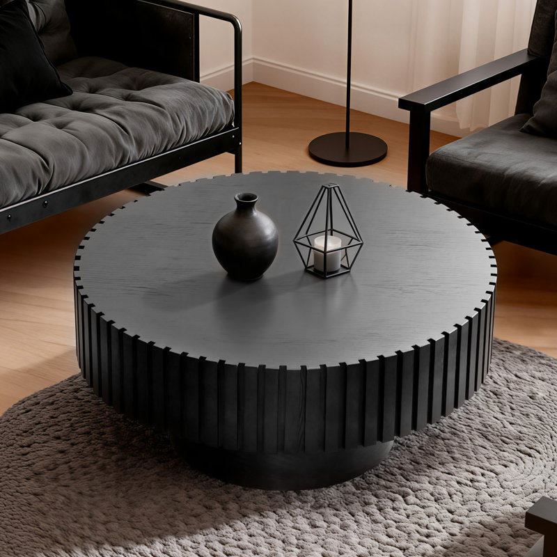 31.5'' Modern Round Wooden Olive-shaped Coffee Table with Solid Wood Fluted Design for living room, Black
