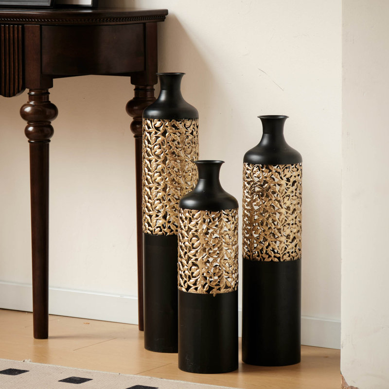 Cory-Lee Matte Black Large Floor Vase, Gold Baroque Vines, Metal Flower Vase(Set Of 3)