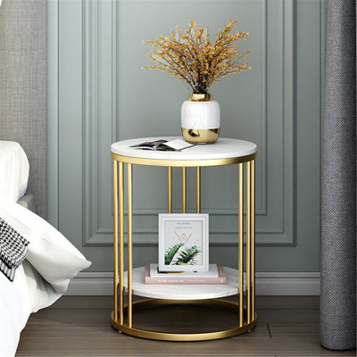 White Stone Side End Table 2-Tier Round Bedside Table With Storage Shelf
