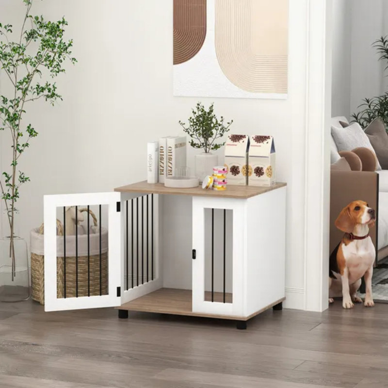 Table d'appoint en noyer brun avec cage verrouillable pour chien
