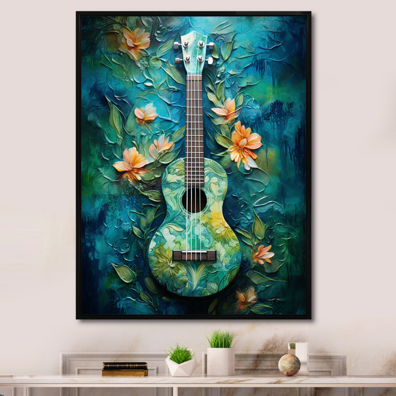«Euphonic Tropical Teal Guitare Music I», reproduction sur toile, Cadre flottant noir, H 20 po x l 12 po x P 1 po
