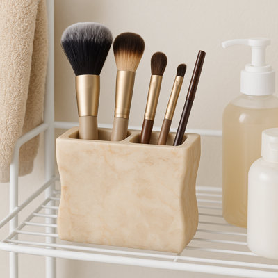 Parikh Deluxe Natural Champagne Marble Rectangular Toothbrush Holder Makeup Brush Holder Bathroom Countertop Organizer