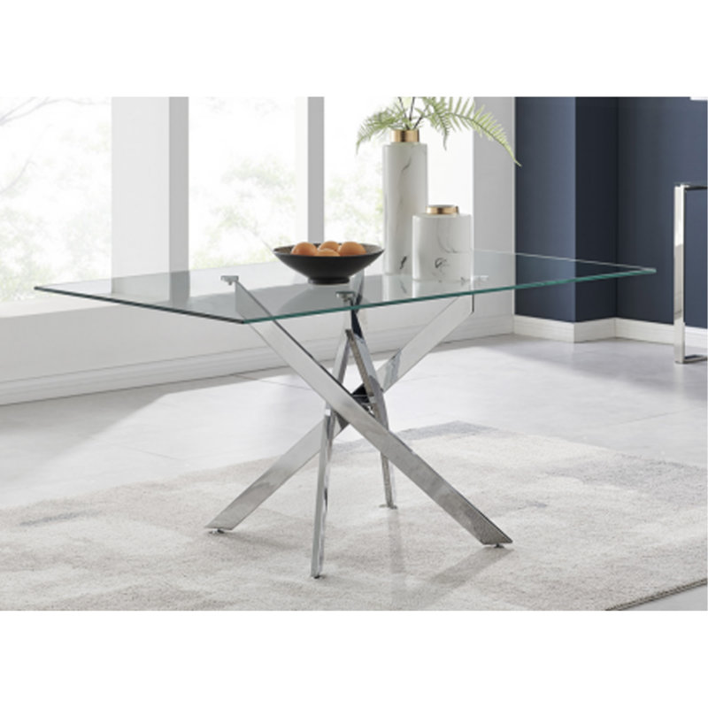 Table rectangulaire moderne en verre trempé et cadre en fer argenté, H 29,53 po x L 59,06 po x l 35,43 po
