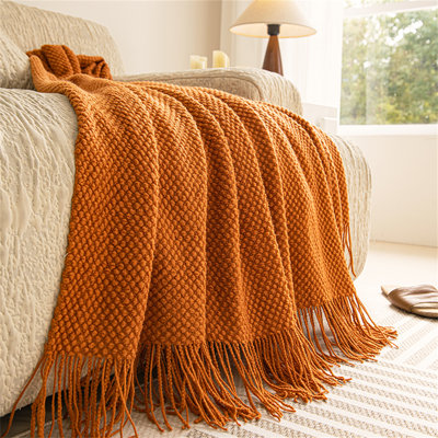 Tassel Knitted Bubble Textured Throw Blanket, Lightweight & Soft Acrylic For Couch/Home Decor