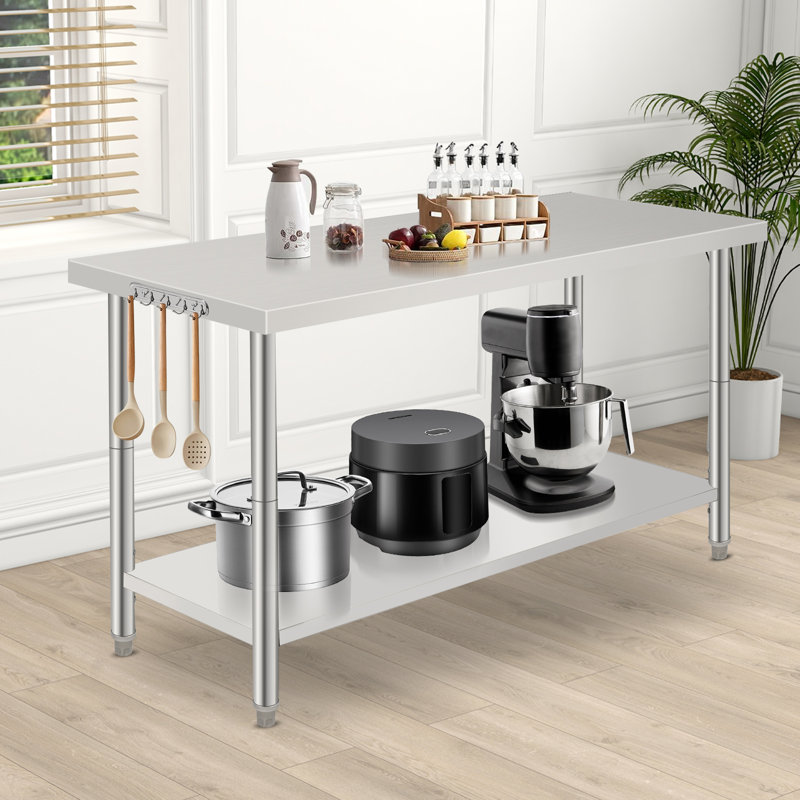 Table de travail robuste en acier inoxydable - 60 po x 24 po x 35 po avec double tablette réglable, support à déchets amovible, bord droit - station de préparation pour cuisine commerciale, garage, laboratoire