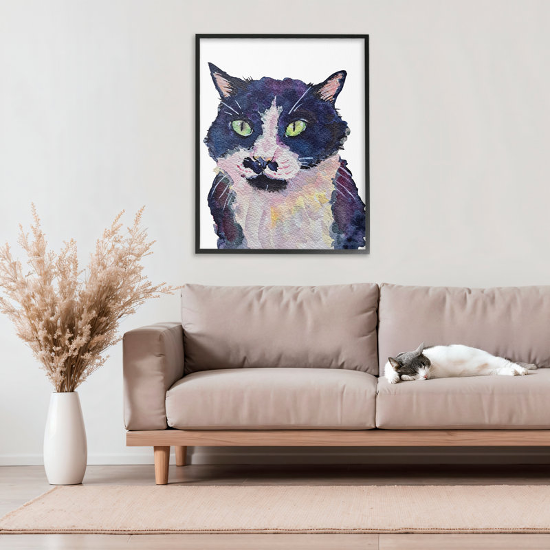 «Tuxedo Cat», peinture giclée par Tatiana Roberts, H 30 po x l 24 po, Giclée encadrée noir minuit