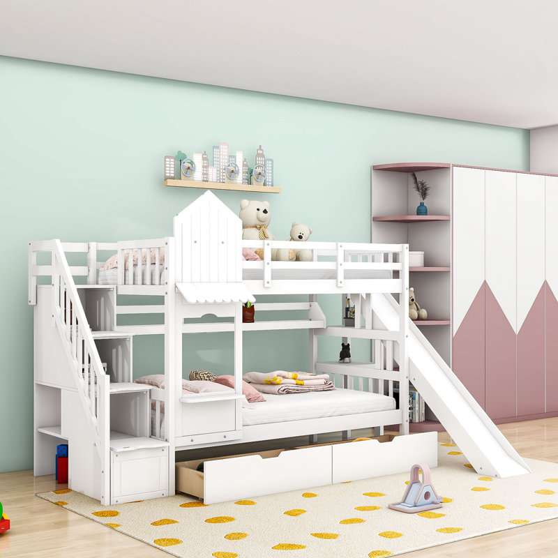 Kids Bunk Bed with 2 Drawers, Shelves and Slide, Twin Over Twin, White