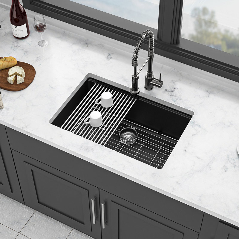 Quartz Kitchen Sink - 28" X 19" Black Granite Composite Workstation Undermount Kitchen Sink, Black