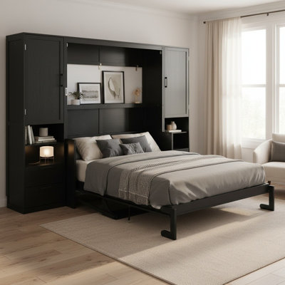  Lit escamotable, lit escamotable avec garde-robe et bureau, bois, tiroirs et étagères de rangement, moderne et contemporain, pièce multifonctionnelle