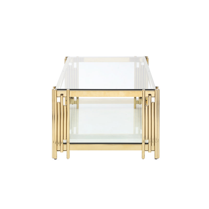 Table basse de 48 po de largeur avec plateau en verre, acier inoxydable doré, table de salon et verre en acier élégant