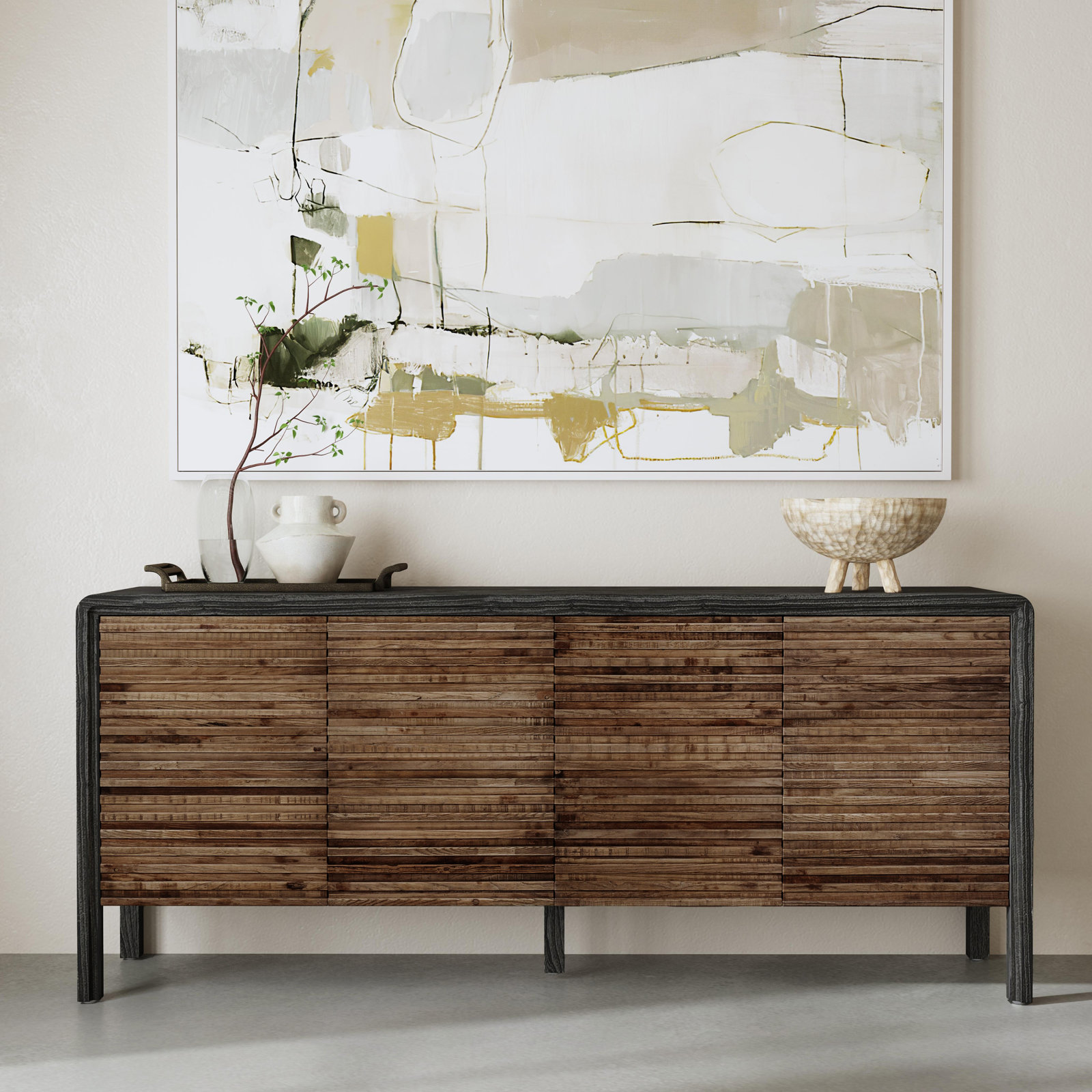 Spencer 79"Solid Elm Wood Sideboard, Black/Brown