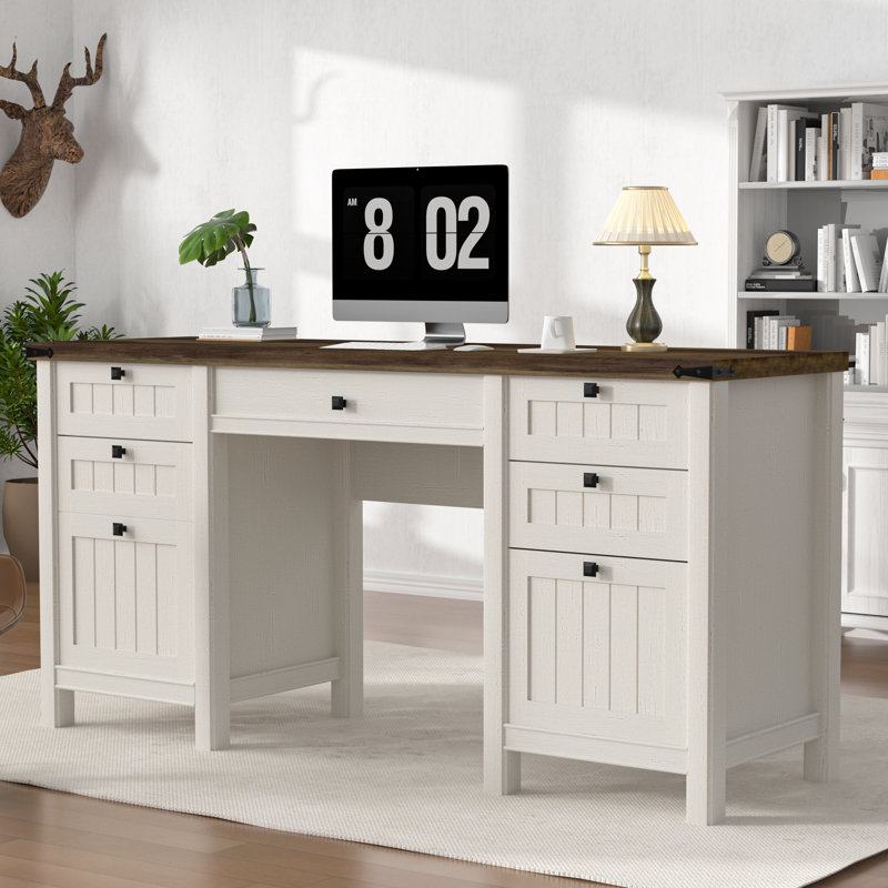 61.8" Modern Farmhouse Executive Desk, Antique Gray/White