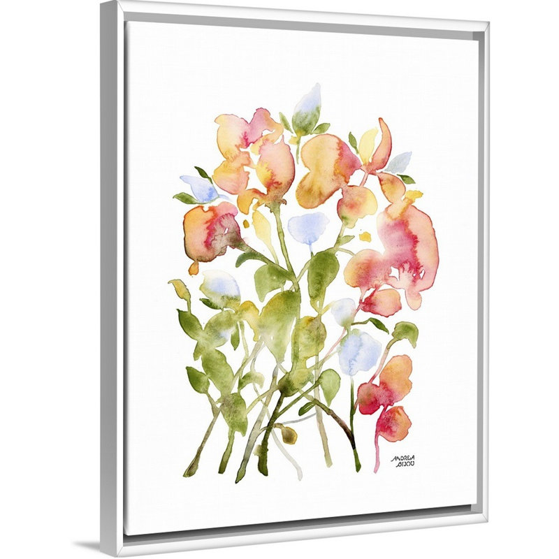 «Blue and Pink Florals» par Andrea Bijou, reproduction sur toile, H 42 po x l 32 po x P 1,75 po, Toile blanche encadrée