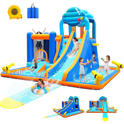 Glissade d'eau gonflable 10-en-1, parc aquatique géant pour enfants à installation rapide de 2 minutes avec toboggan, glissade, piscine, tunnel, mur d'escalade et panier de basketball, souffleur inclus