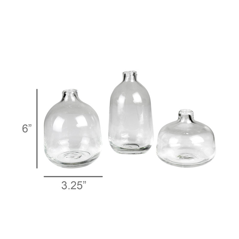 Marbella Vase Trio, Glass Set Of 3 Sm: 4X4x3.5, Med: 4X4x5, Lrg: 3.25X3.25X6