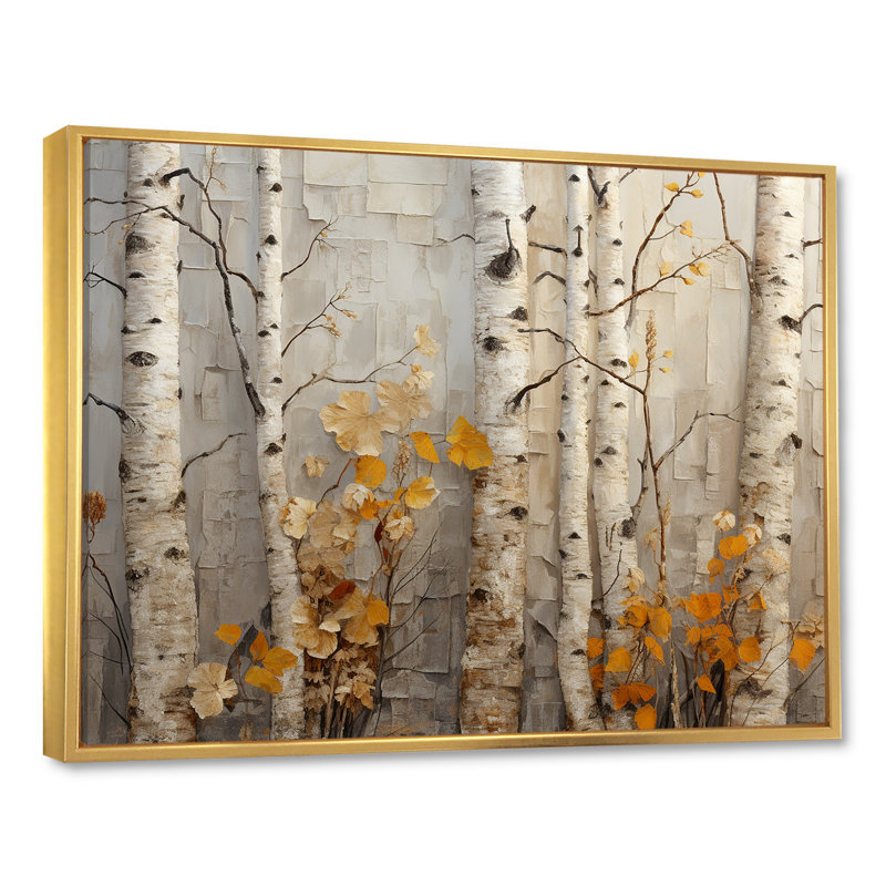 Élégance de bouleau d'automne - art mural grand arbre, Cadre flottant doré, H 34 po x l 44 po x P 1,5 po