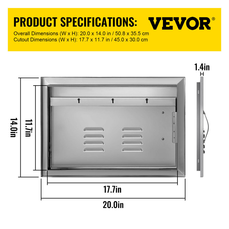 Cadre moderne avec tiroir et porte de barbecue à accès unique H 14 po x l 20 po avec évent 14 po