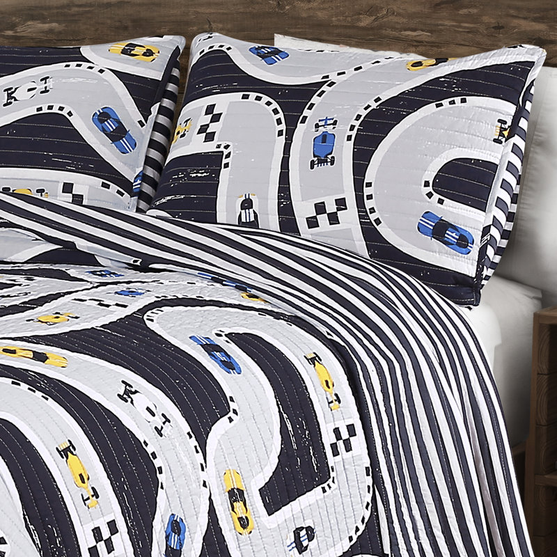 Navy Cotton Twin Reversible Kids Quilt Set