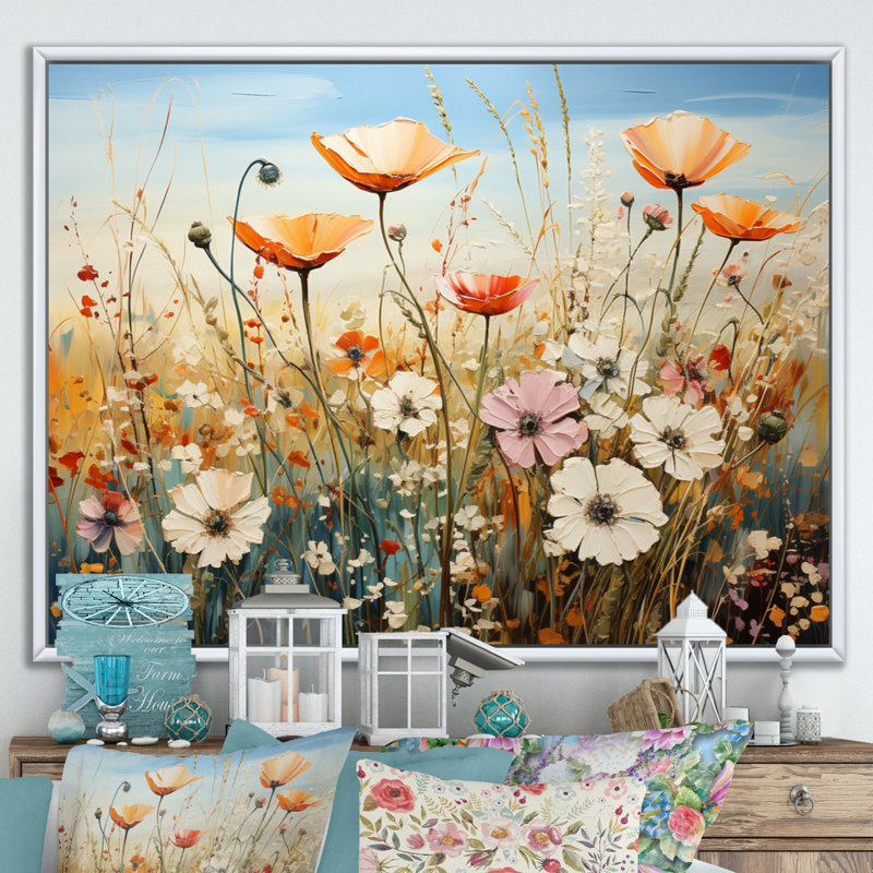 Fleurs sauvages, symphonie florale sur toile, Cadre flottant blanc, H 30 po x l 40 po x P 1,5 po
