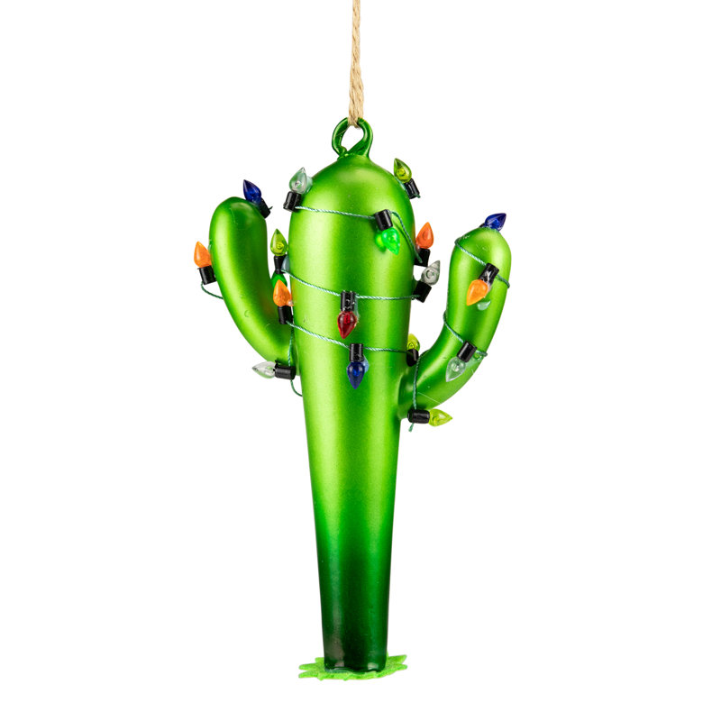 Ornement de Noël 5,5 po en forme de cactus vert avec ficelle de verre rétro