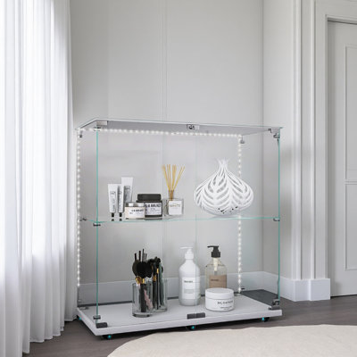Vitrine en verre trempé, armoire à vin, armoire de rangement, classeur, avec bande lumineuse à DEL Bluetooth, roulettes pivotantes verrouillables, convient aux sols inégaux, peut être placé n'importe où