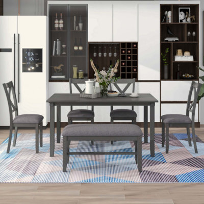 6-Piece Kitchen Dining Table Set Wooden Rectangular Dining Table, 4 Fabric Chairs and Bench Family Furniture
