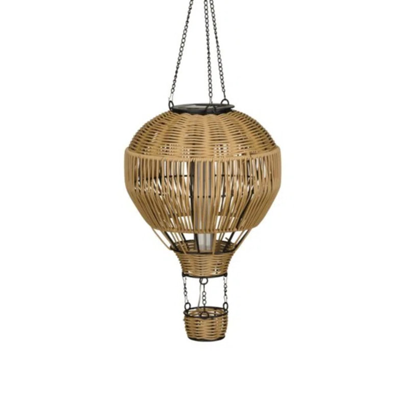 Wicker Hanging Solar Hot Air Balloon Lantern with Glass Panels and Metal Frame, 8" H x 8" W x 21.75" D