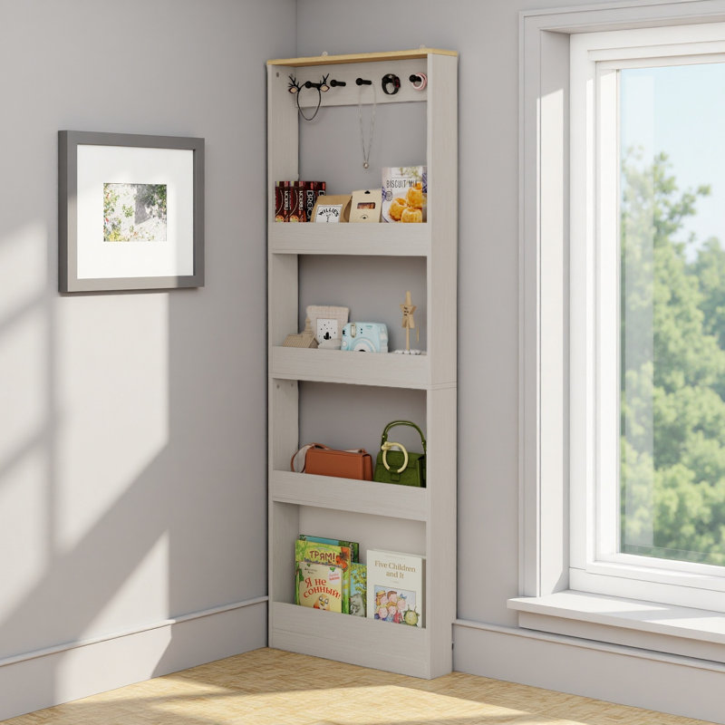 Bibliothèque derrière la porte de 69 po de hauteur avec 4 tablettes et 5 crochets, armoire de rangement étroite pour le salon