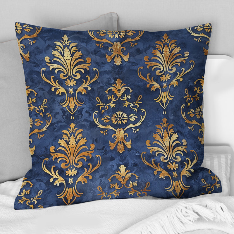 Royal Gold Blue Traditional Damask II - Coussin décoratif traditionnel, H 16 po x l 16 po