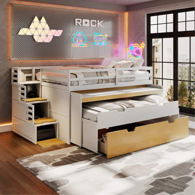 Full XL Loft Bed with Pull-Out Desk and Twin Trundle, Multi-Functional Bunk Bed with 2 Storage Drawers and Storage Steps, Space-Saving Gaming & Workstation Bedframe, White+Wood Color