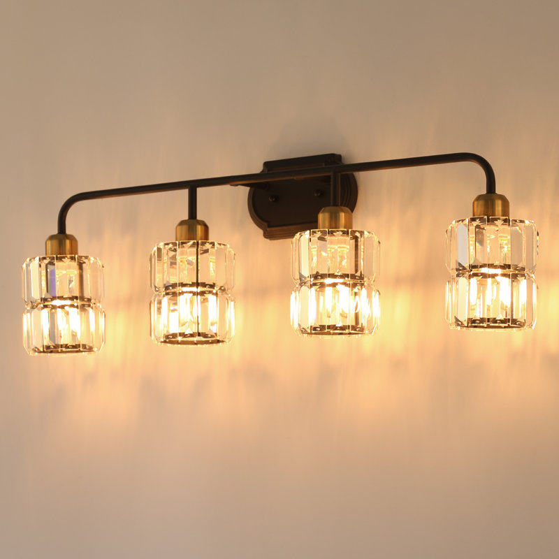 Black and Brass Crystal Bathroom Vanity Light with Clear Crystal Shades for Bathroom, 4 Lights