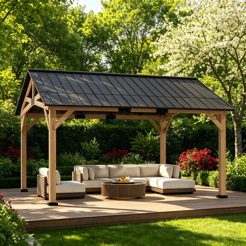 13 x 15 ft Cedar Gazebo with Hardtop Galvanized Steel Gable Roof, Built-In Hooks & Anchored Base – Outdoor Wood Gazebo for Garden, Patio & Backyard