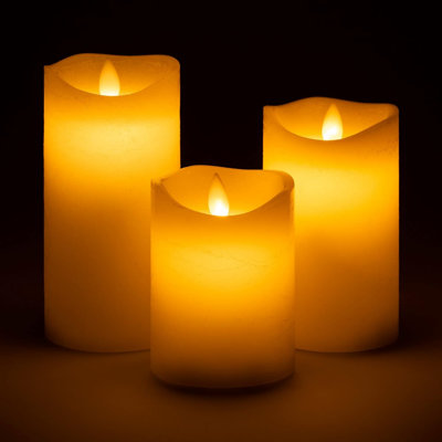 3 x Flickering Flameless LED Candles, Real Wax, Battery Powered Mood Lights, Remote Control with Timer & Brightness Function