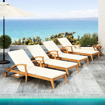 Fauteuil inclinable à roulettes pour l'extérieur en bois, coussin de 5 cm d'épaisseur, support de 800 lb, conception peu encombrante pour les chaises longues de 2 po crème réglable à 4 positions, finition intempéries