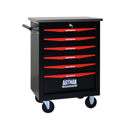 Chariot à outils 6 tiroirs avec rangement verrouillable, armoire à outils en acier robuste avec roues pour atelier de garage - noir et rouge avec plateau en acier inoxydable