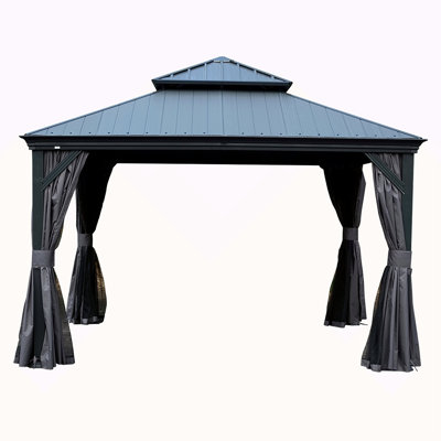 12'X12' Hardtop Gazebo With Resin Roof, Outdoor Metal Gazebo With Drainage Gutters, Permanent Heavy Duty Pavilion For Patio, Backyard And Deck, Curtains And Mosquito Netting Included
