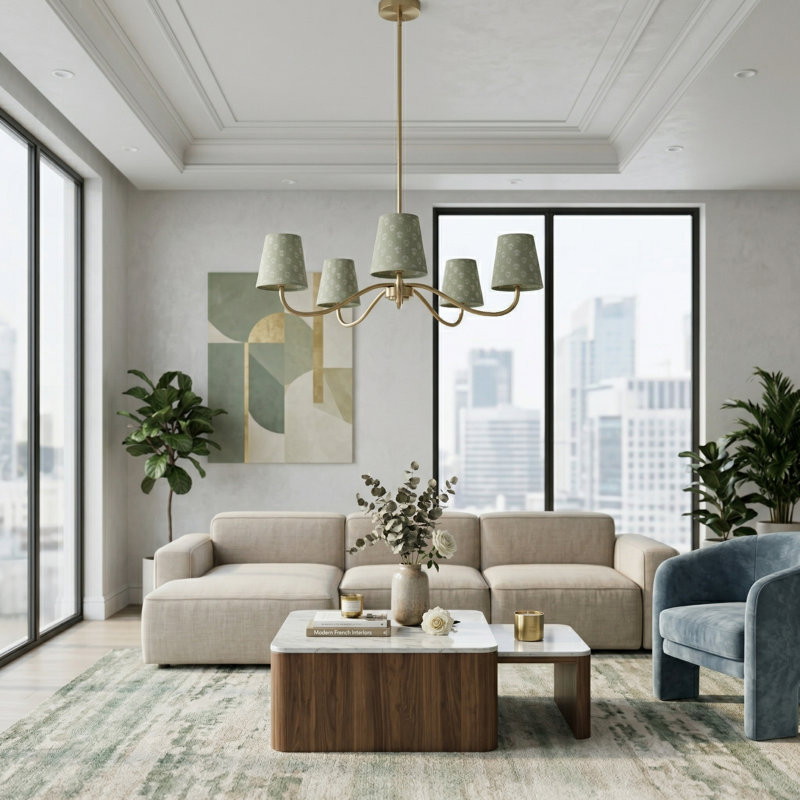 Corda Wrought Iron 5-Light Chandelier, Polished Brass, Green Print